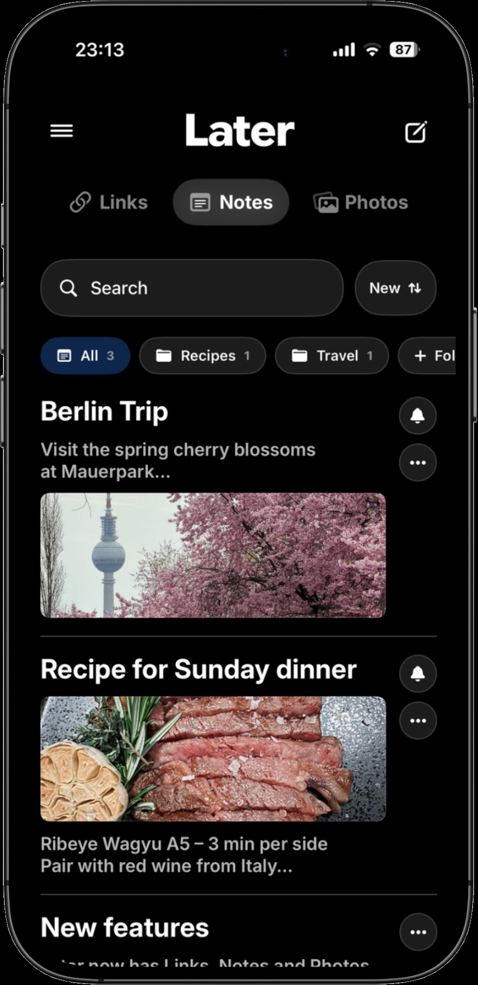 Later app: notes list with folders, reminders, and images.