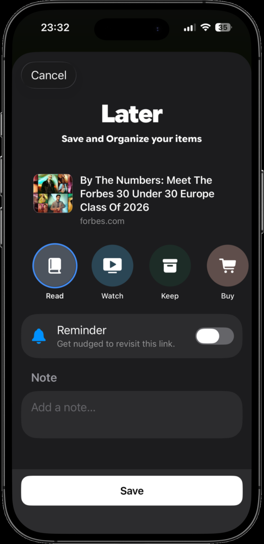 Later app: save and organize an item from the share sheet.